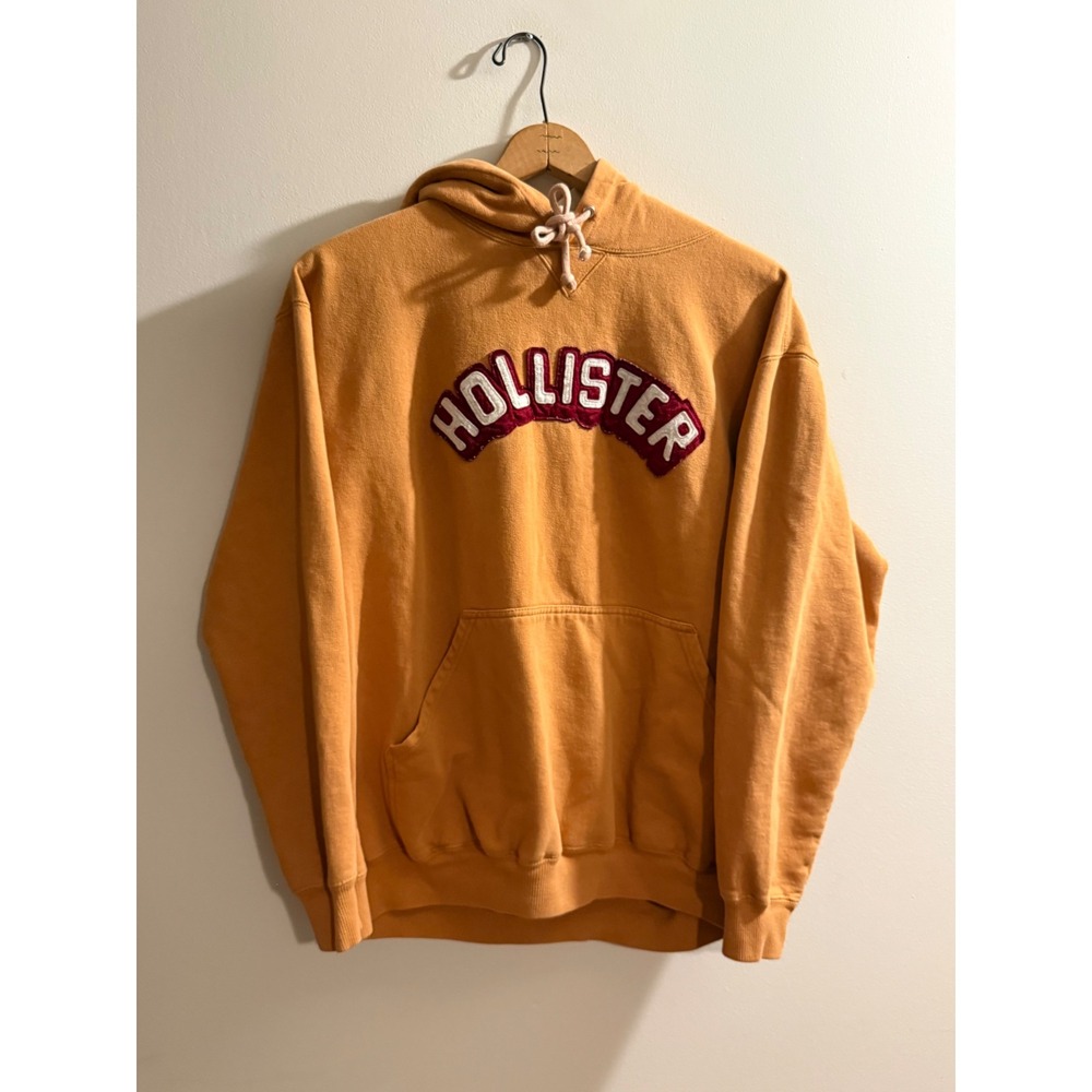 Hollister Mens XL Mustard Orange Y2K Chenille Logo Pullover Hoodie Sweatshirt